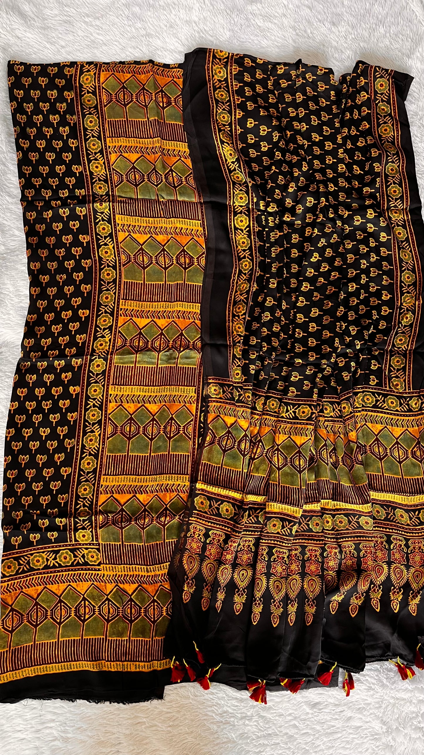 Green and Black Grid and Kamal Motif Modal Silk 2pc Suit Material Set with Modal Silk Dupatta