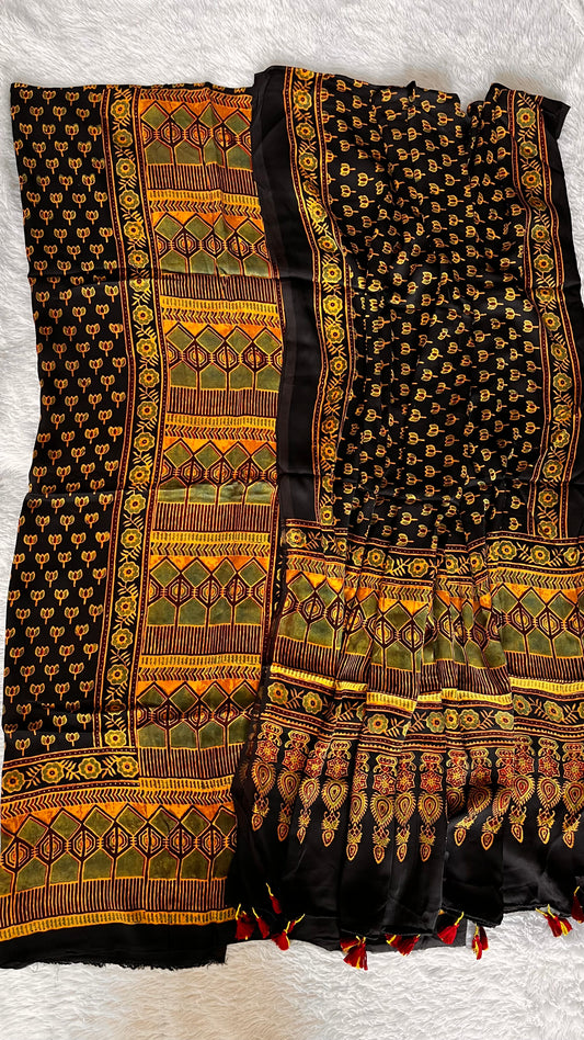 Green and Black Grid and Kamal Motif Modal Silk 2pc Suit Material Set with Modal Silk Dupatta