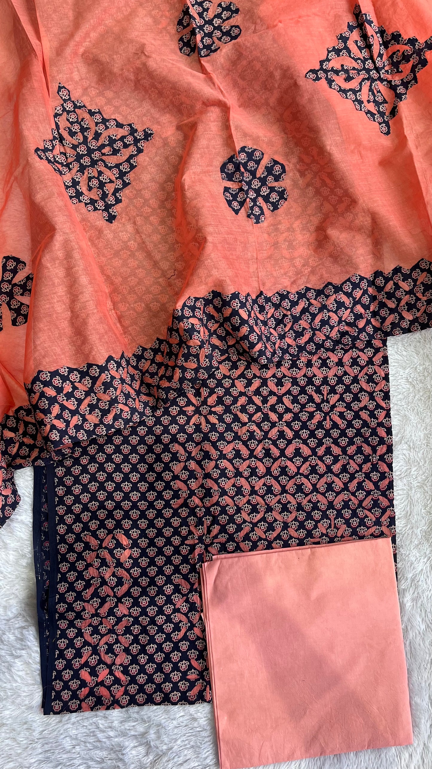 Blue and Peach Barmer Applique Cut Work Cotton 3 pc Suit Material Set