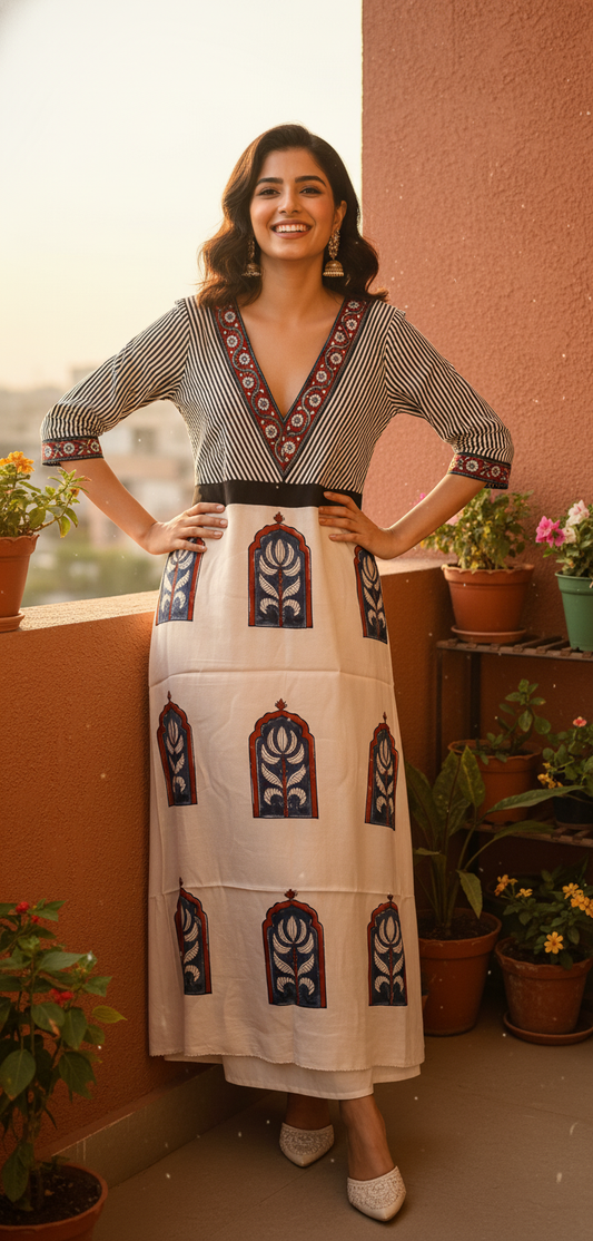 Black and Off White Jharokha Motif Modal Silk Ajrakh Hand Block Print Designer Unstitched Fabric (Kurta Only)