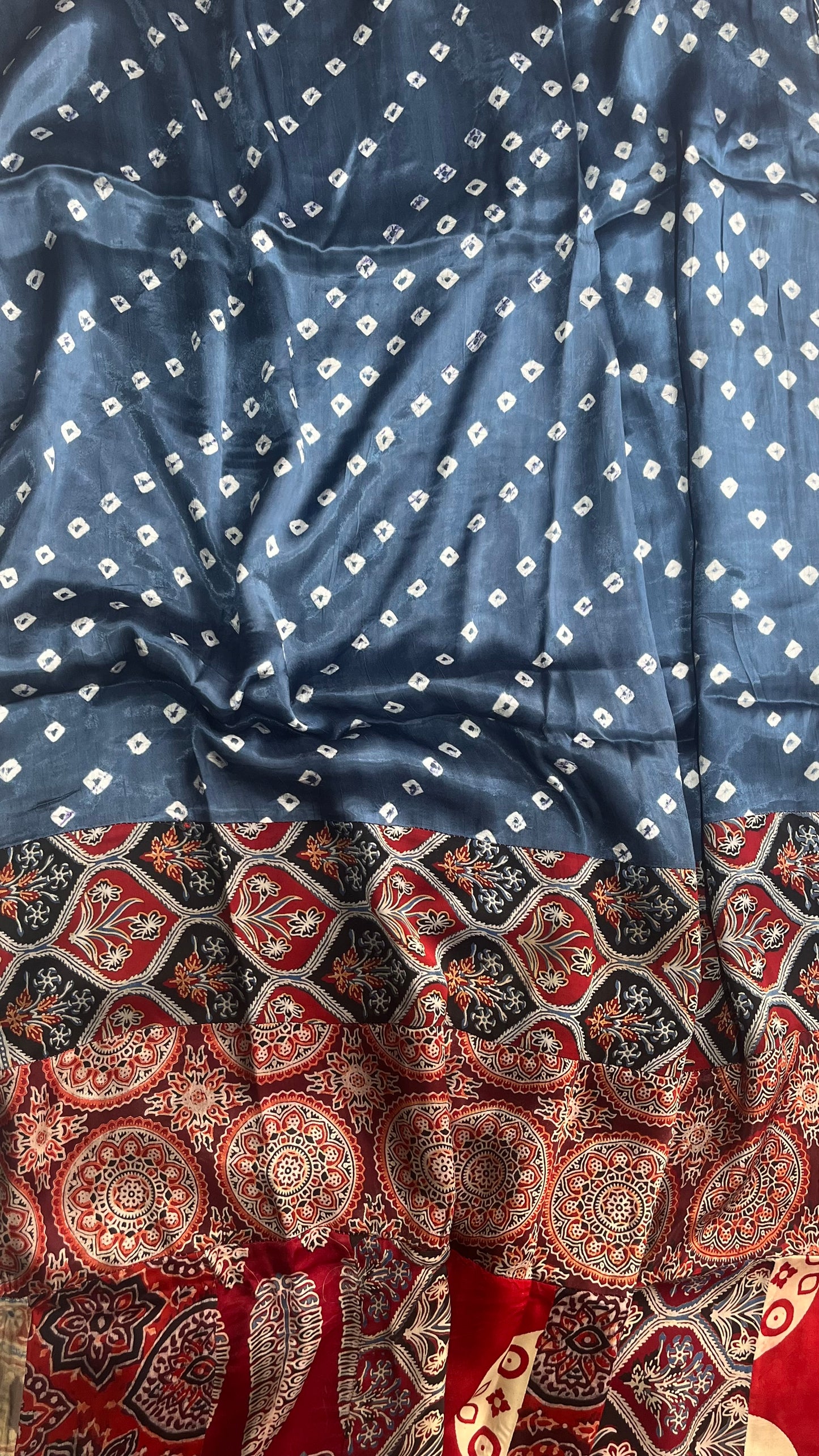 Blue Bandhej Ajrakh Applique Patchwork Modal Silk Dupatta