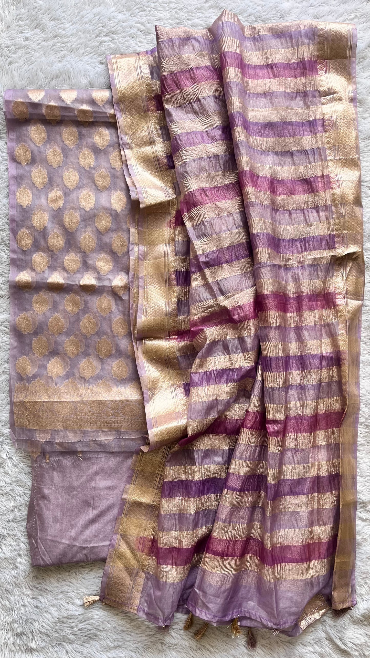Lavender Shade Banarasi Tissue Silk 3-Piece Suit with Threadwork & Crushed Organza Dupatta