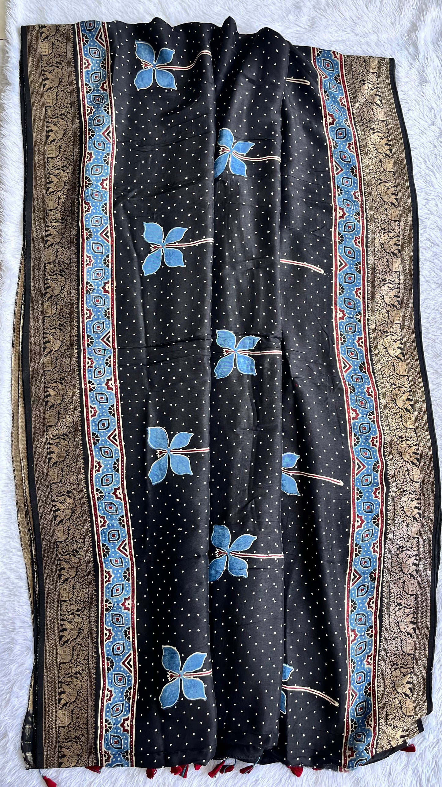 Black Polka and Fireflies Motif Ajrakh Hand Block Dola Silk Saree with Zari Pallu
