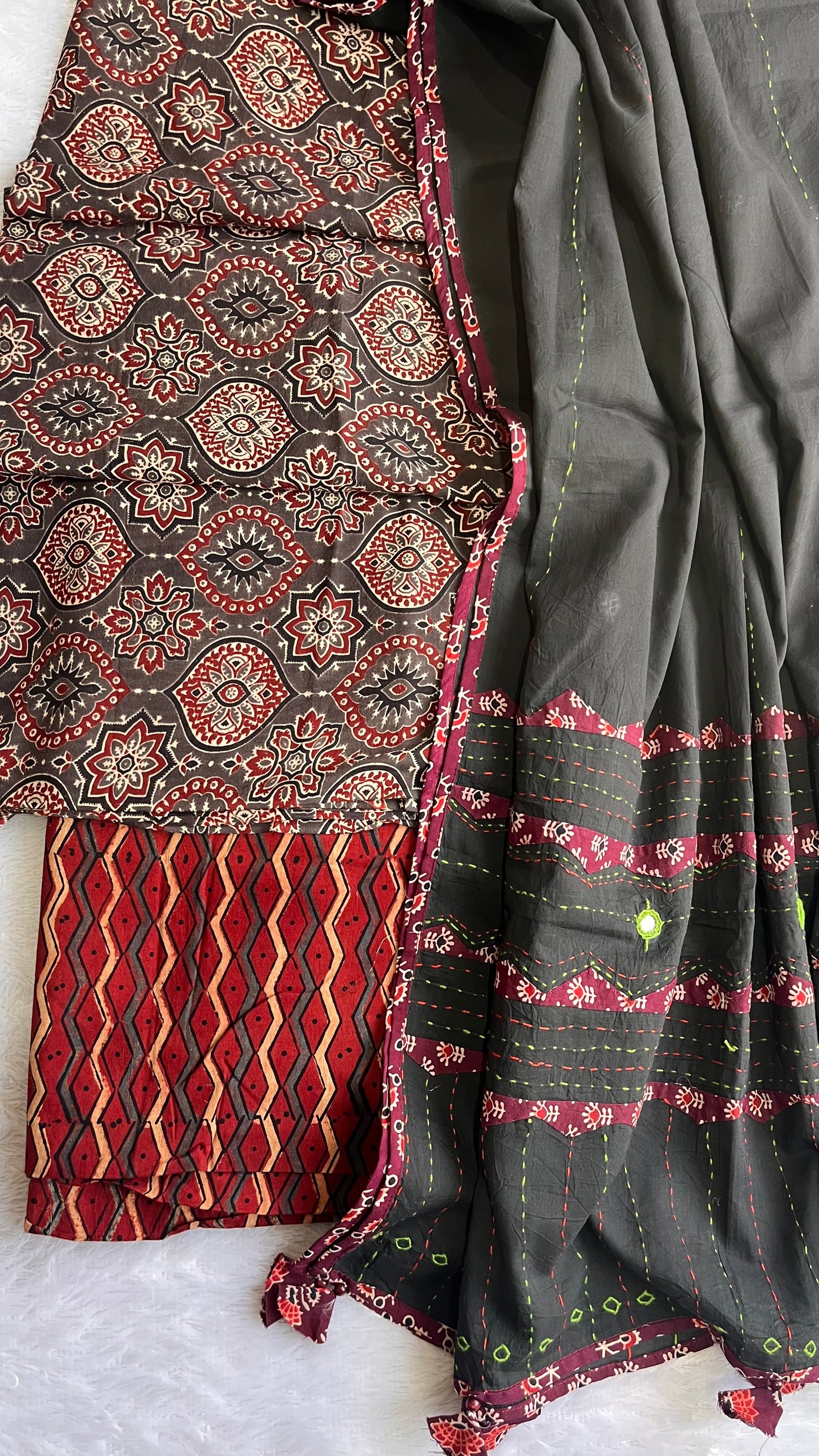 Brown and Red Badaam Buti Ajrakh Unstitched Suit Set with Cotton Applique Work Dupatta