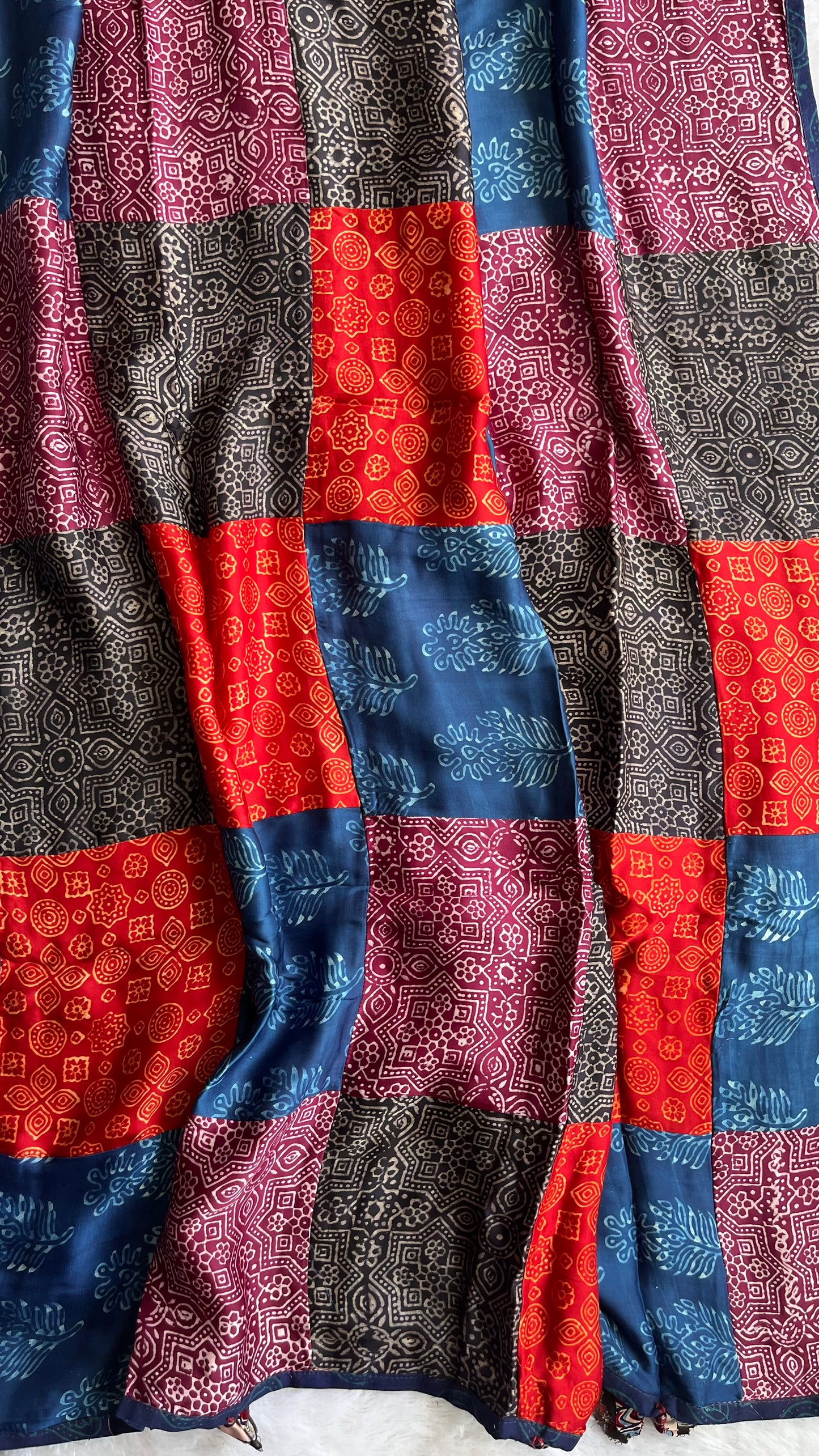 Multicolour Ajrakh Applique Patchwork Modal Silk Kantha Work Dupatta with Tassels and Mirror-work