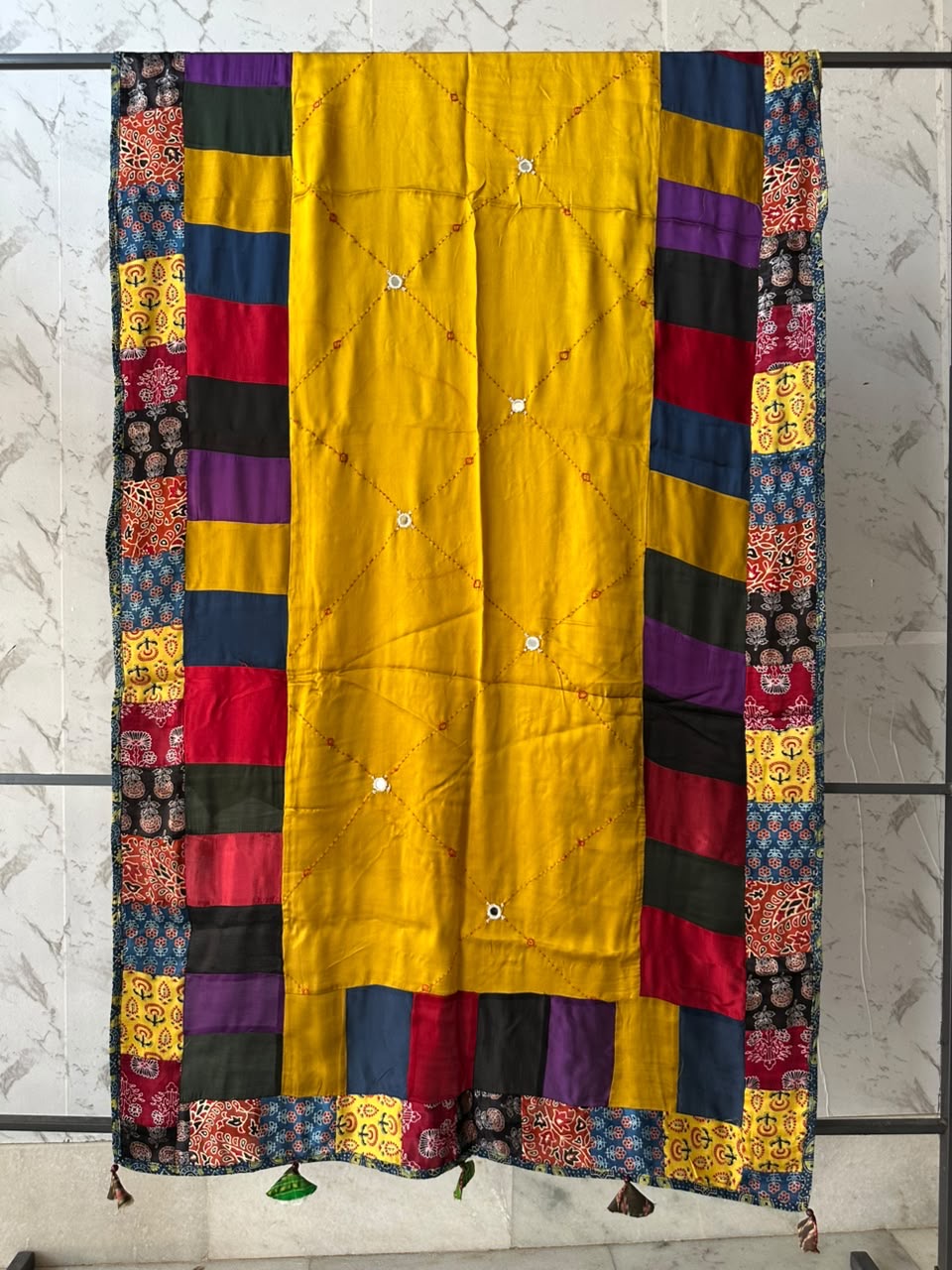 Mustard with Multi coloured Border Modal Silk Ajrakh Patchwork Dupatta with Tassels and Mirror Work