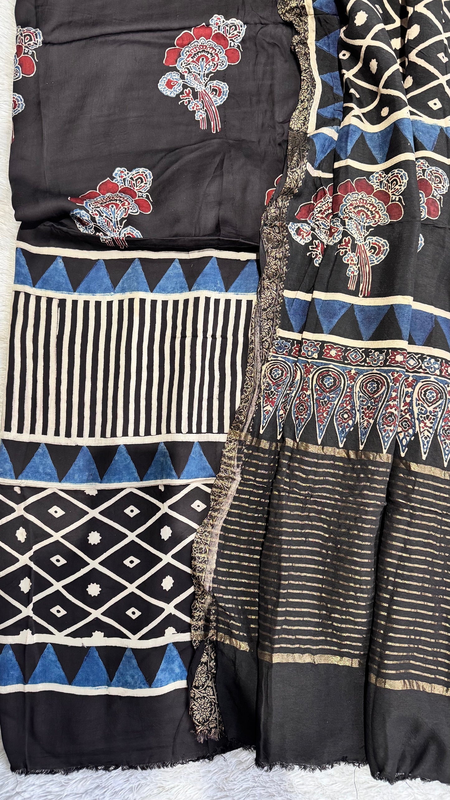 Black Buta Motif Modal Silk Ajrakh Hand Block Print 2pc Suit Material Set with Dola Silk Dupatta