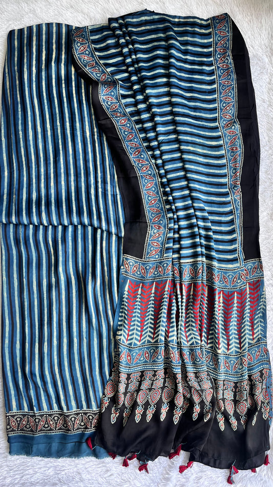 Neeli Dhaaridar Motif Modal Silk Ajrakh Hand Block 2 pc Suit Set