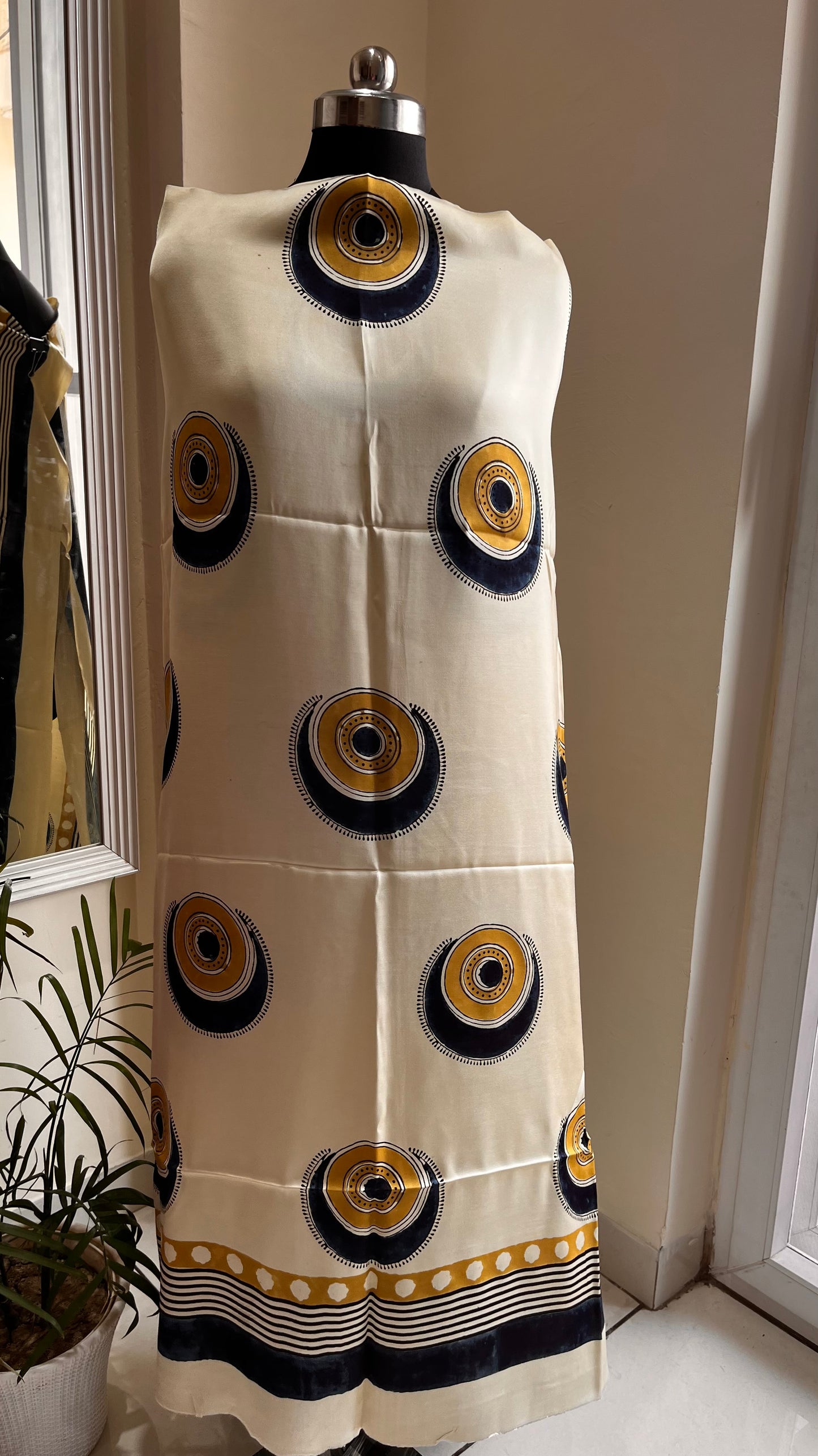 Off White Circle Buta Motif Modal Silk Ajrakh Hand Block Print Designer Unstitched Fabric (Kurta Only)