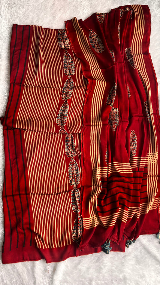 Deep Red Dhaari and Asopallav Buta Print Modal Silk Ajrakh Natural Dyed Hand Block Print 2pc Suit Material Set