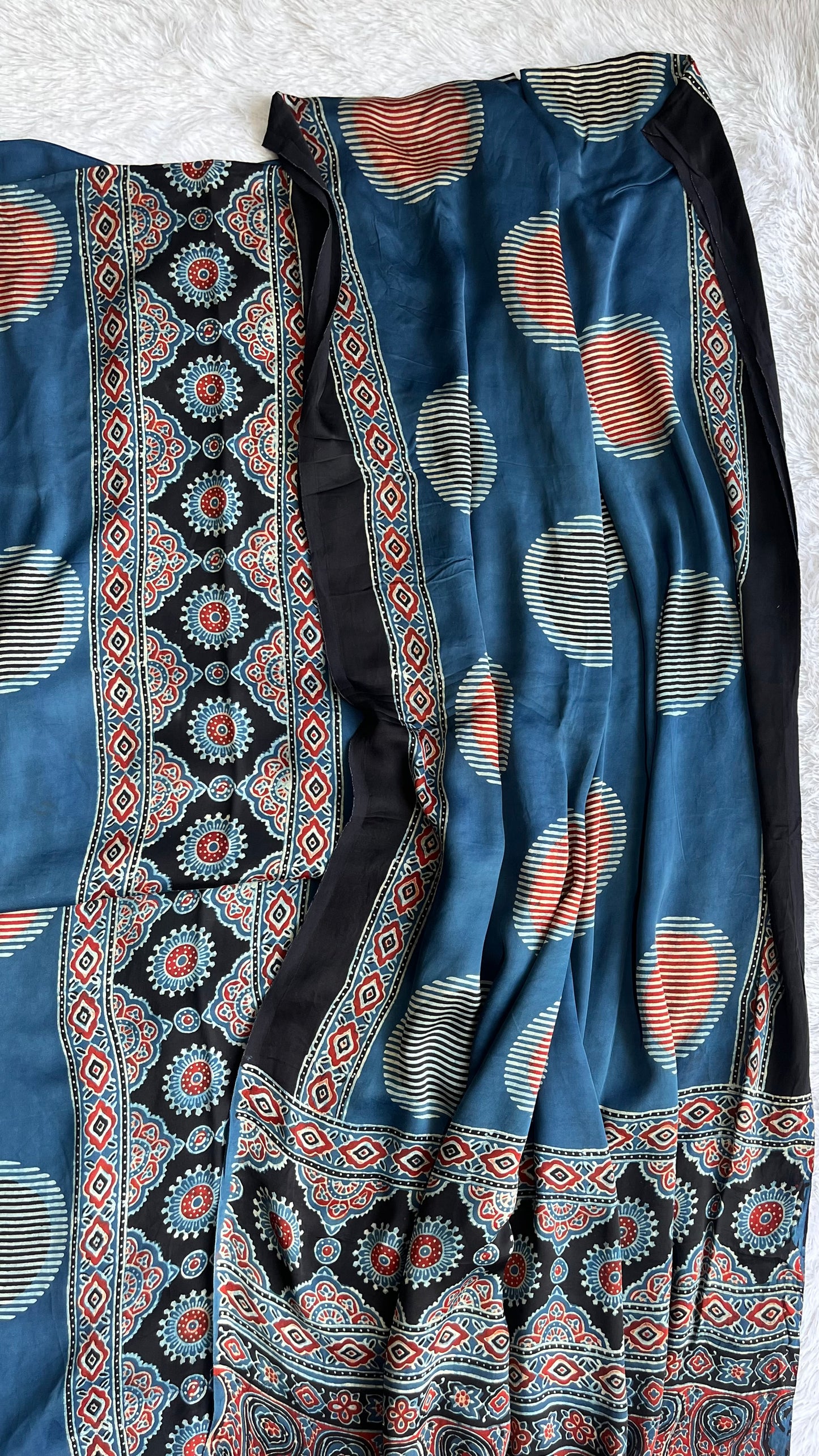 Blue Circle Buta Motif Modal Silk Ajrakh Natural Dyed Hand Block Print 2pc Suit Material Set
