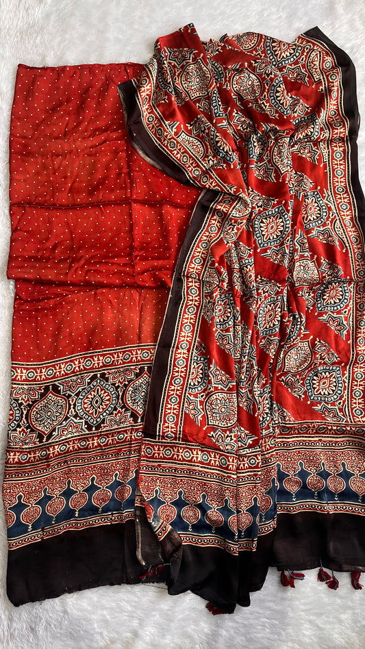 Maddar Red Buta Print Modal Silk Ajrakh Natural Dyed Hand Block Print 2pc Suit Material Set