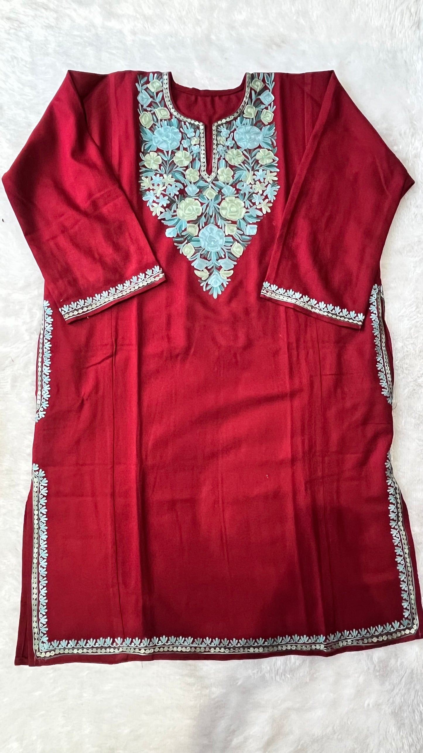 Maroon Shade with Firozi Kashmiri Aari Work Full Embroidered Pheran with Pockets