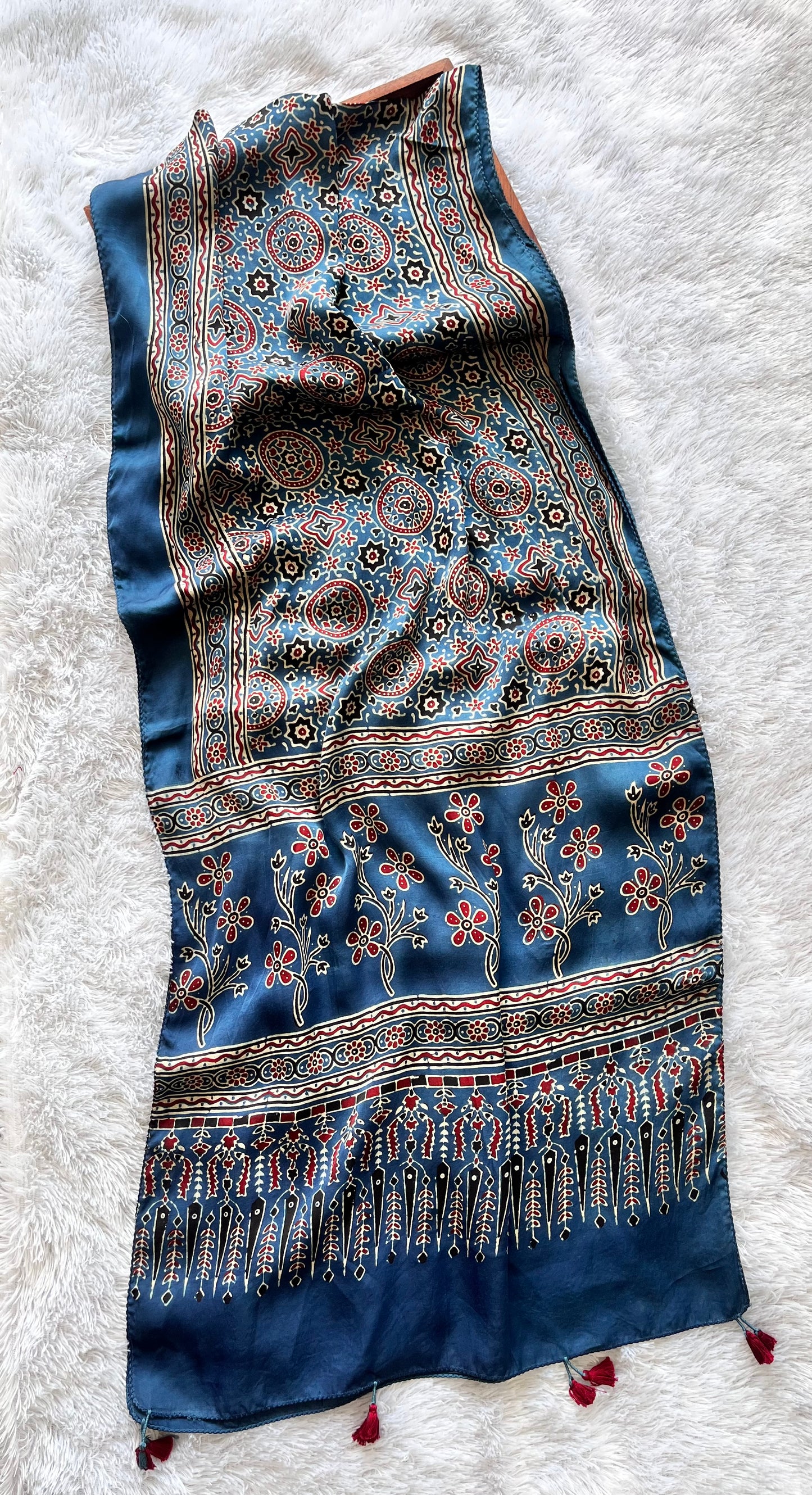 Blue Grid Motif Ajrakh Hand Block Print Modal Silk Stole with Tassels