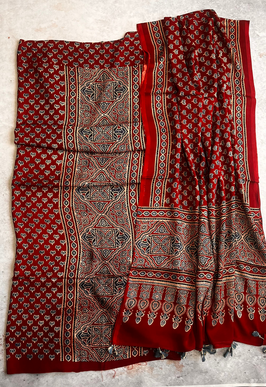 Deep Red Jaal and Kamal Buti Motif Modal Silk 2pc Suit Material Set