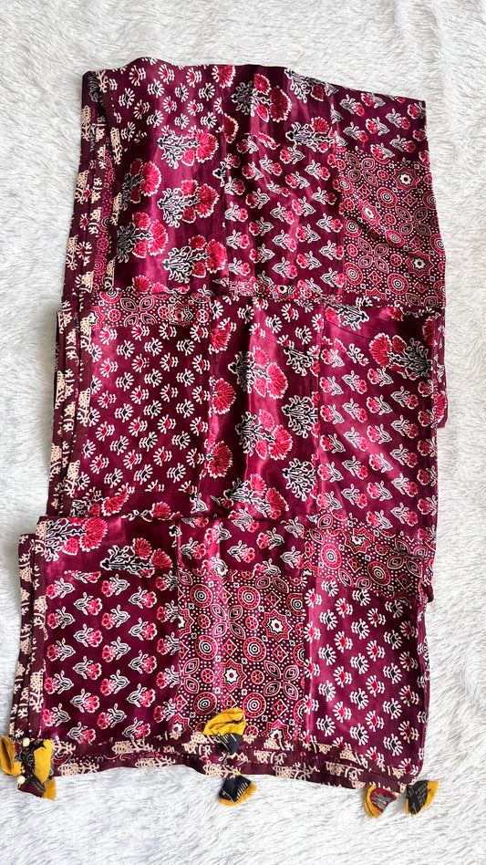 Magenta Shade Ajrakh Applique Patchwork Modal Silk Dupatta
