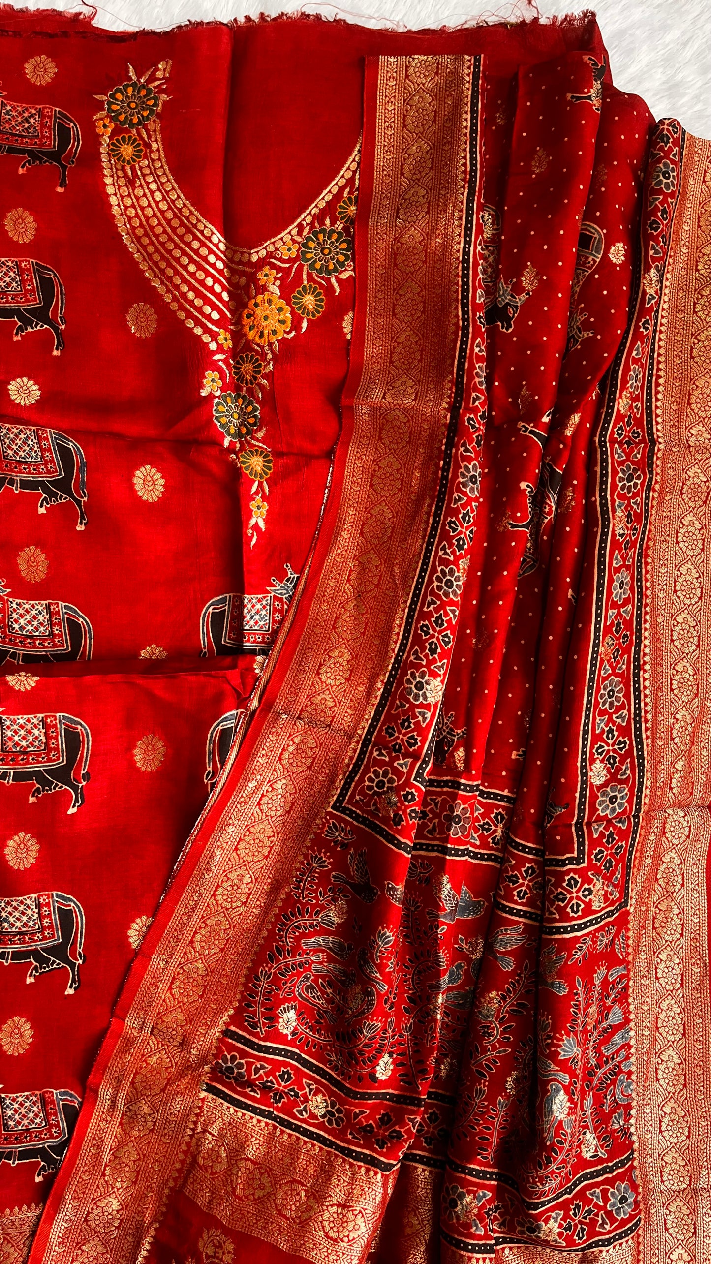 Deep Red Kamdhenu Boota Pure Dola Silk Ajrakh Hand Block Print 2pc Suit Material Set with Menakari Yoke and Nakkashi Dupatta
