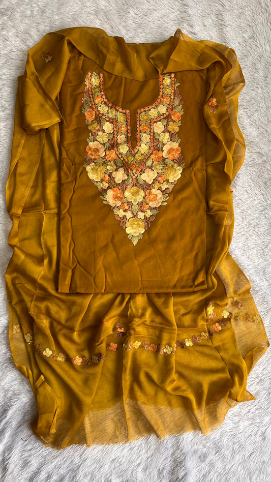 Mustard with Matching Yellow Threadwork Muslin Cotton Kashmiri Aari Embroidered 3pc Suit Set