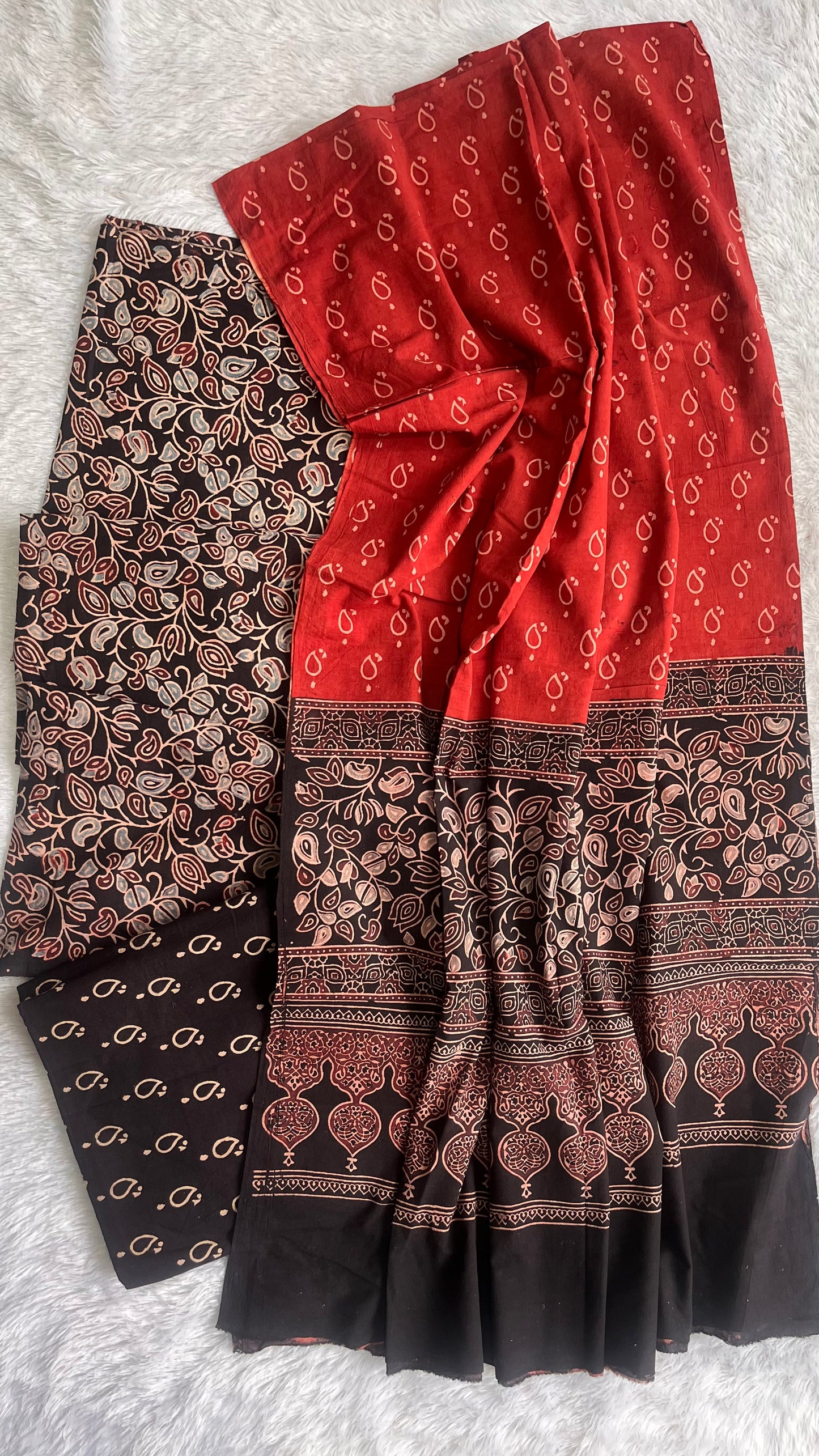 Black and Red Abstarct Booti Motif Ajrakh Unstitched Pure Cotton Suit Set with Cotton Dupatta