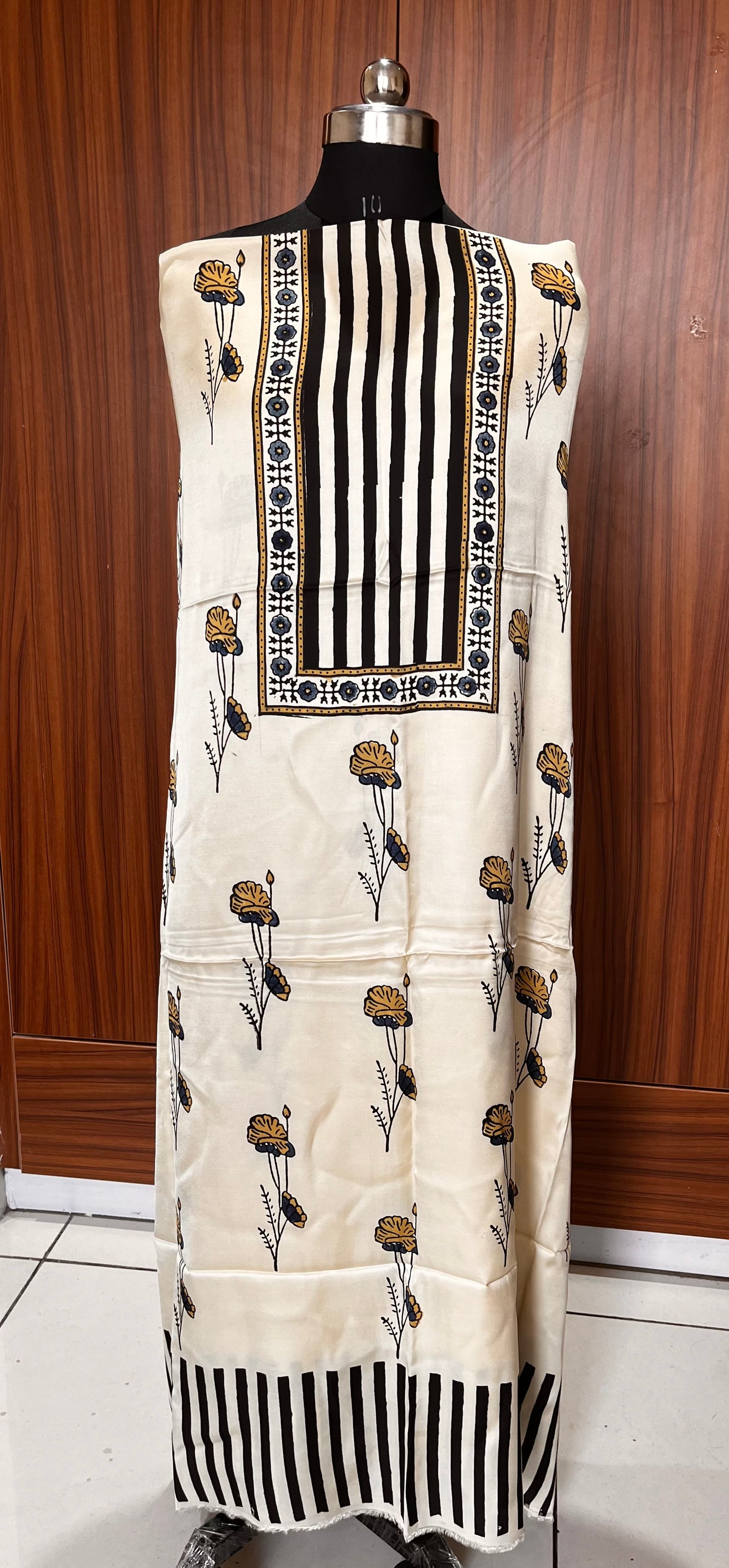 Black and White Buta Motif Modal Silk Ajrakh Hand Block Print Designer Unstitched Fabric (Kurta Only)