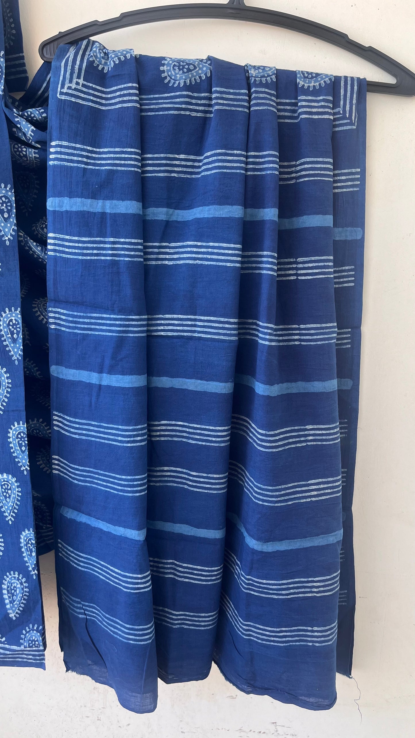 Teardrop Motif Indigo Akola Hand Block Mulmul Cotton Saree with Blouse