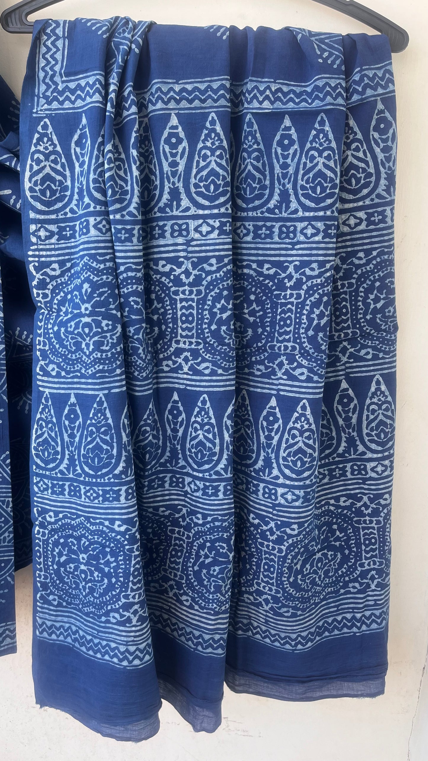 Kasturi Indigo Akola Hand Block Mulmul Cotton Saree with Blouse