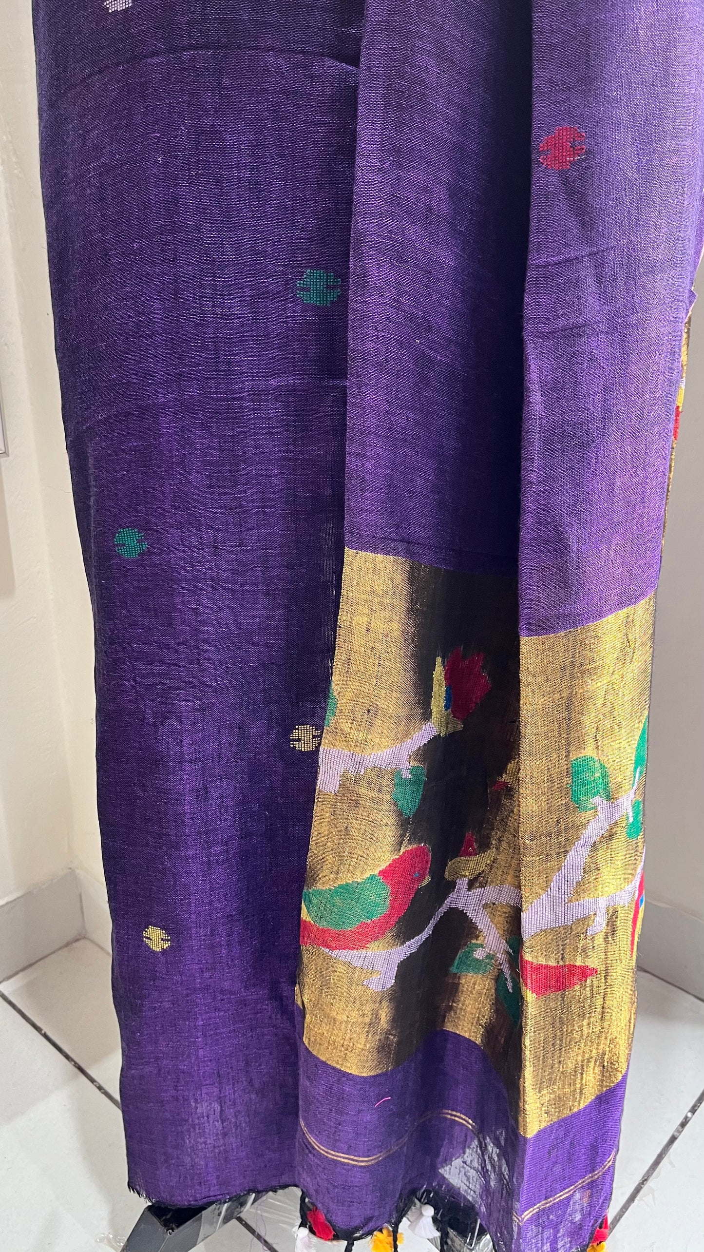 Purple Paithani Unstitched Pure Linen on Linen Hand Woven Daman 2 pc Suit Set