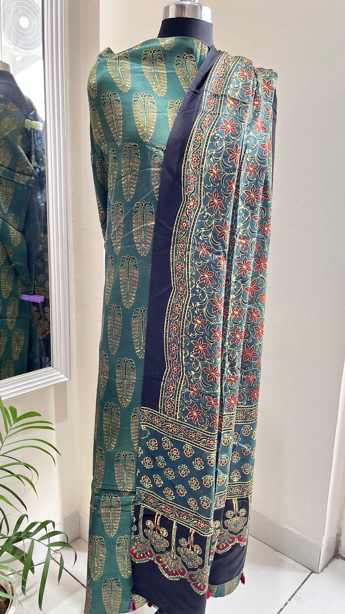 Bottle Green Asopallav Motif Ajrakh Mashru Silk 2pc Suit Set Material with Modal Silk Dupatta