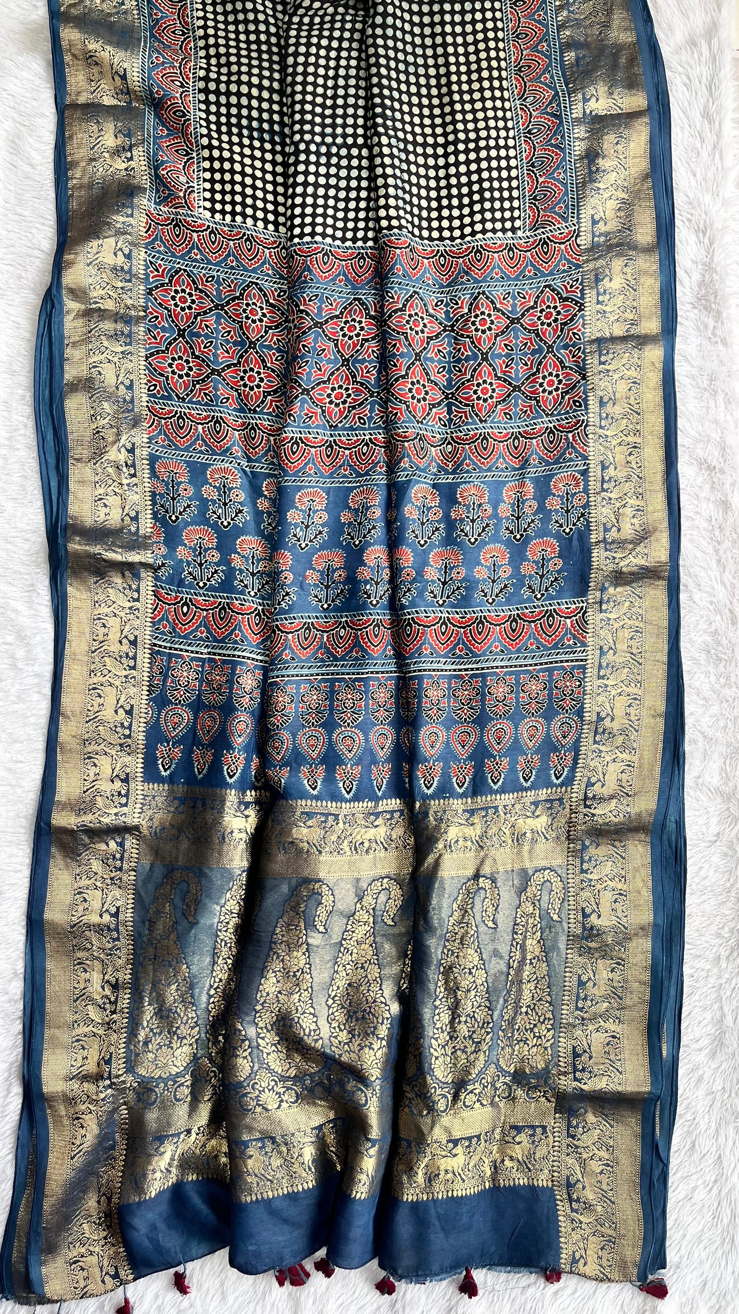 Black and Indigo Dotted Buta Motif Ajrakh Hand Block Dola Silk Saree with Zari Pallu (With Blouse)