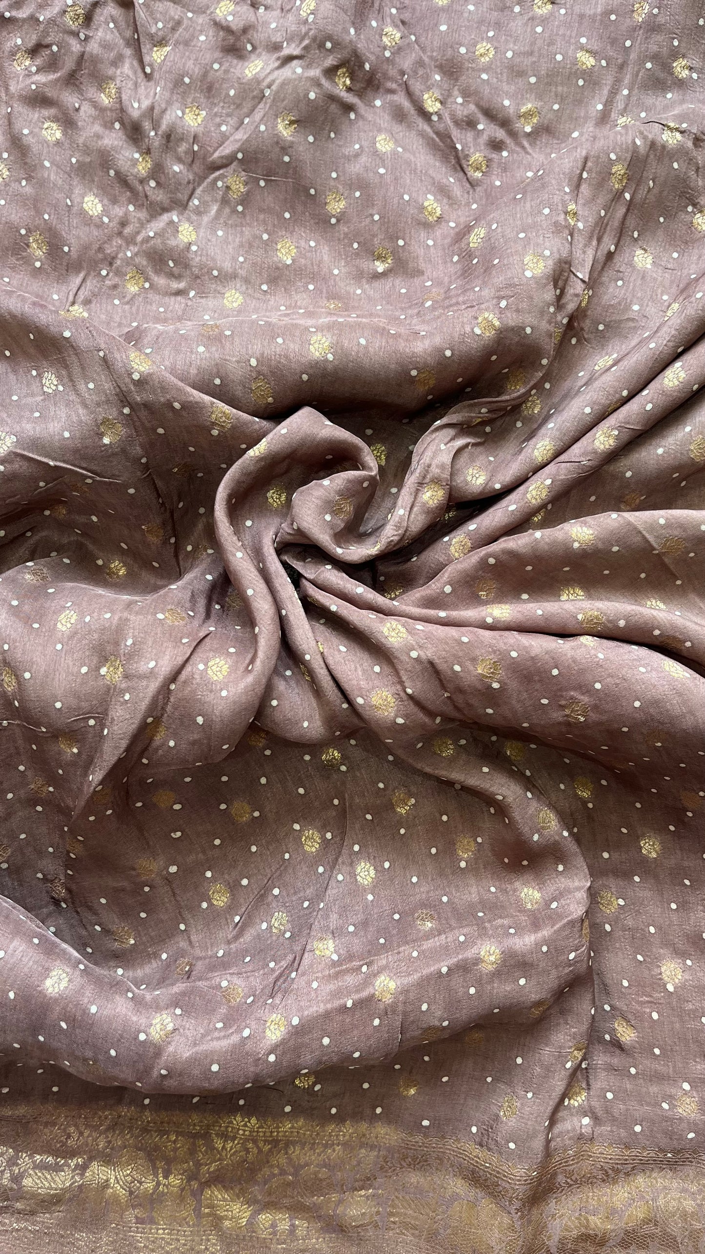 Earthy Brown Mugal Buta Motif Ajrakh Hand Block Dola Silk Saree with Zari Pallu (With Blouse)