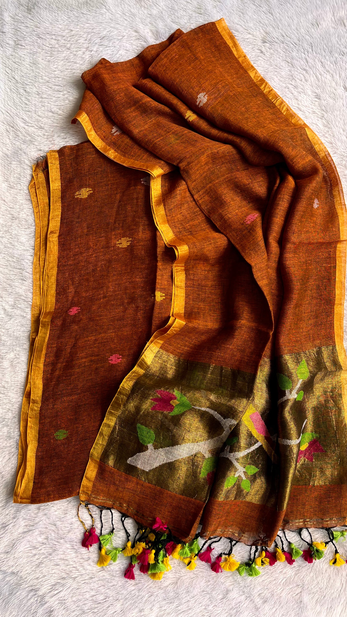Cocoa Brown Paithani Unstitched Pure Linen on Linen Hand Woven Daman 2 pc Suit Set