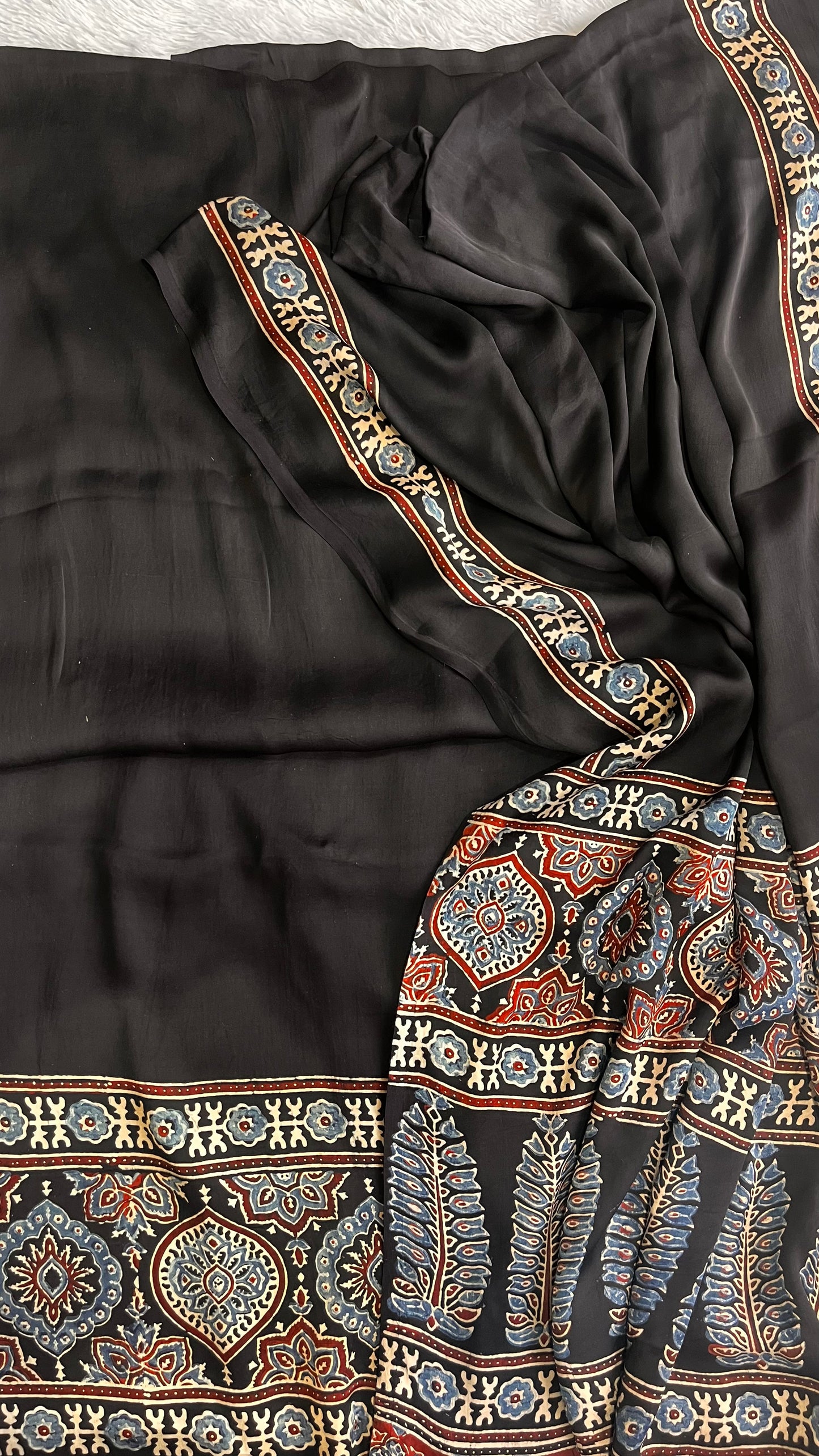 Viral Black Patti Motif Ajrakh Hand Block Print Modal Silk 2pc Suit Material Set
