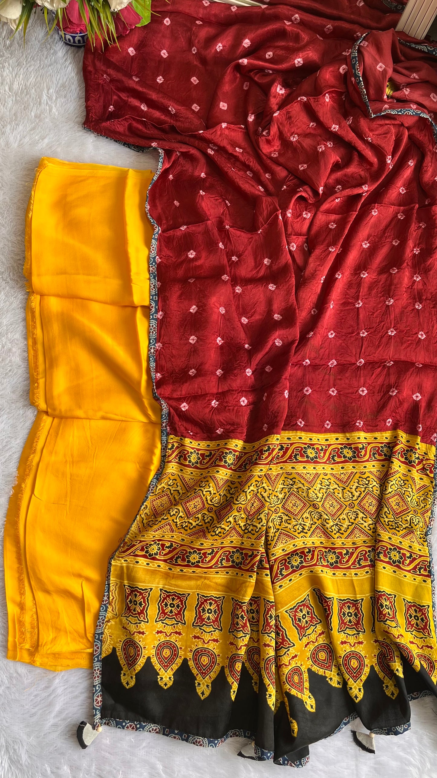 Turmeric Yellow Solid Shade Modal Silk Suit Material with Maroon Modal Silk Applique Work Dupatta