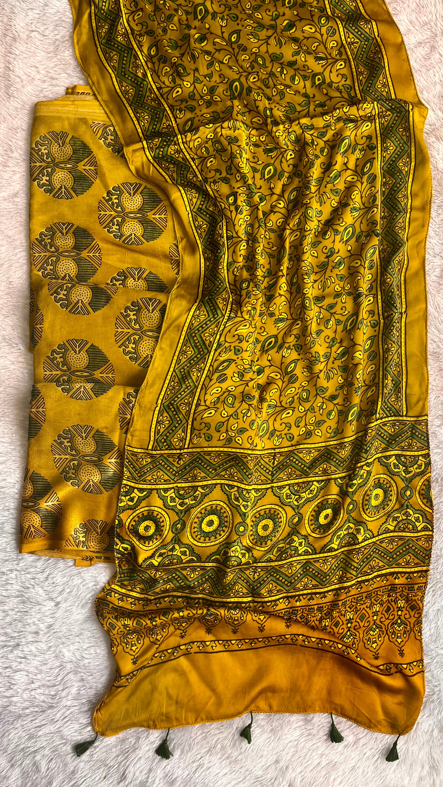 Mustard Yellow Mashru Shirt Material with Ajrakh Modal Silk Stole with Tassels