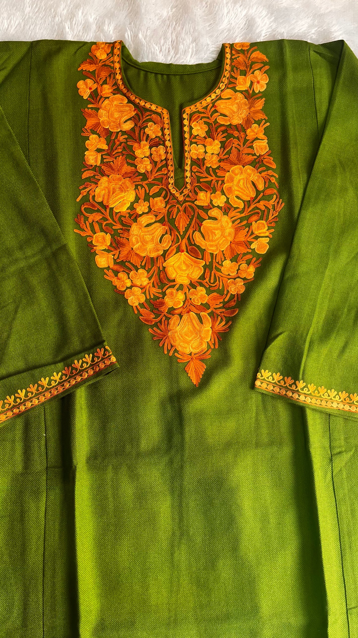Green with Mustard Shade Kashmiri Aari Work Full Embroidered Pheran with Pockets