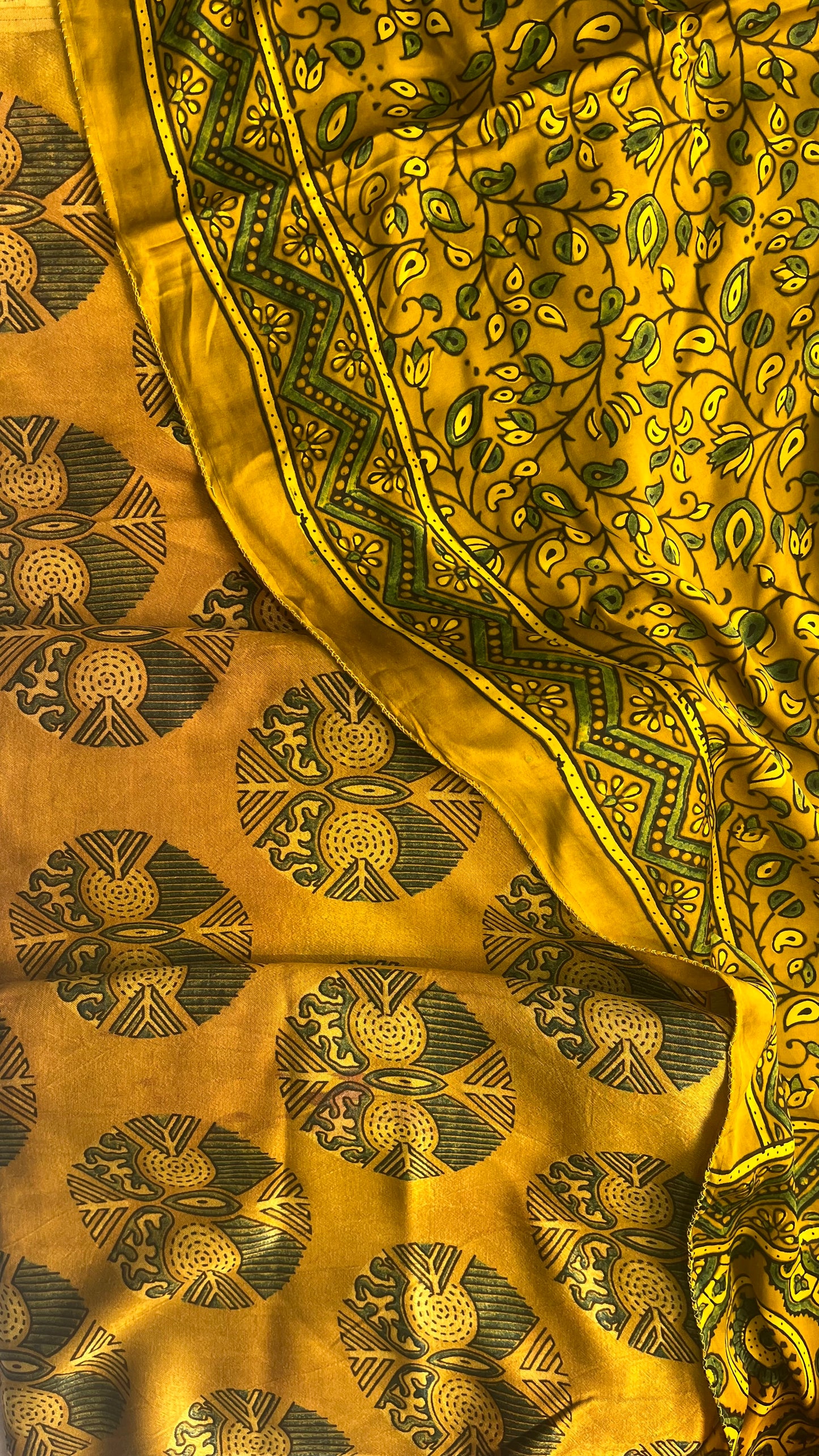 Mustard Yellow Mashru Shirt Material with Ajrakh Modal Silk Stole with Tassels