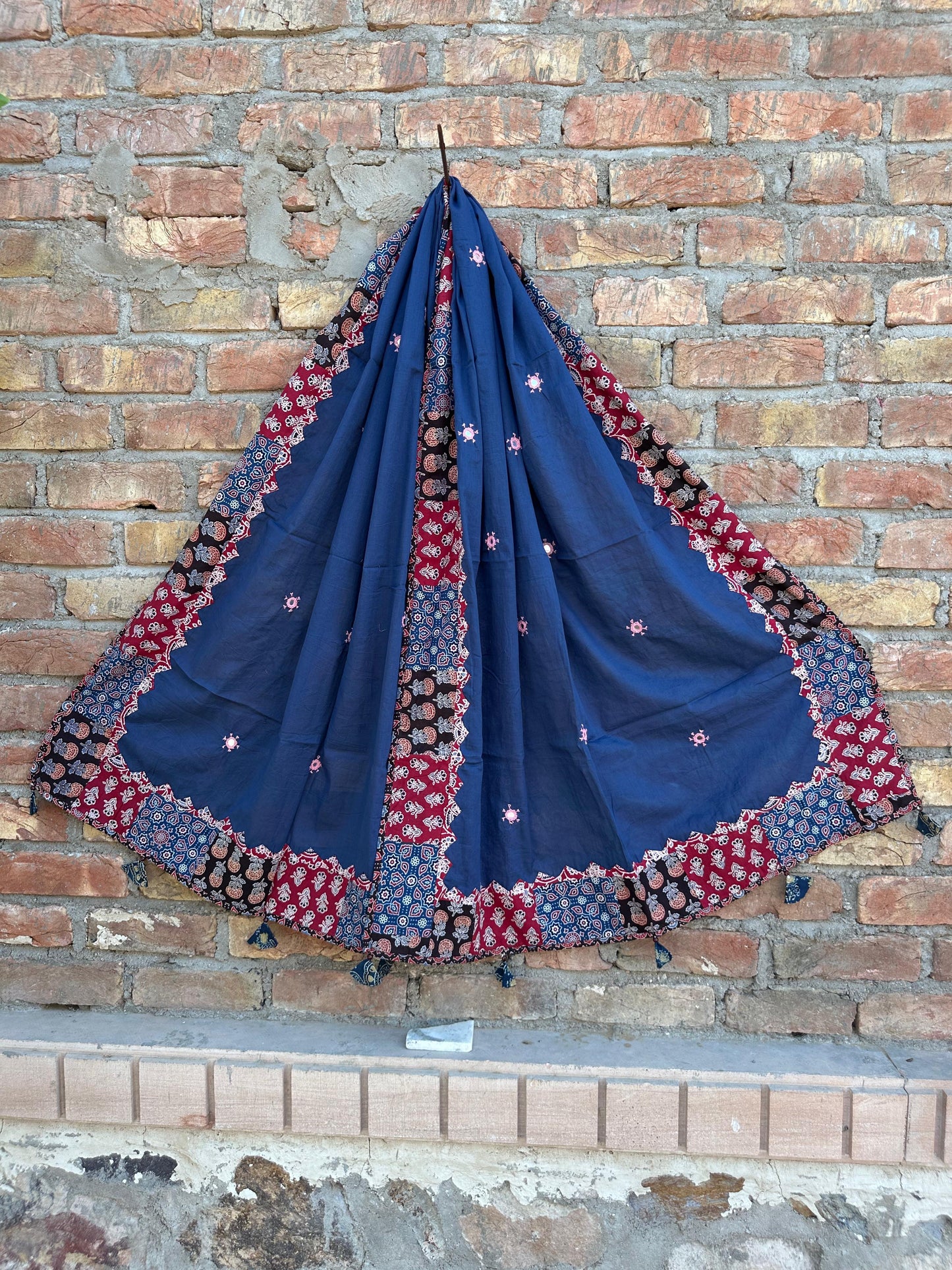 Navy Blue Ajrakh Applique Patchwork Border Cotton Dupatta with Mirror Work