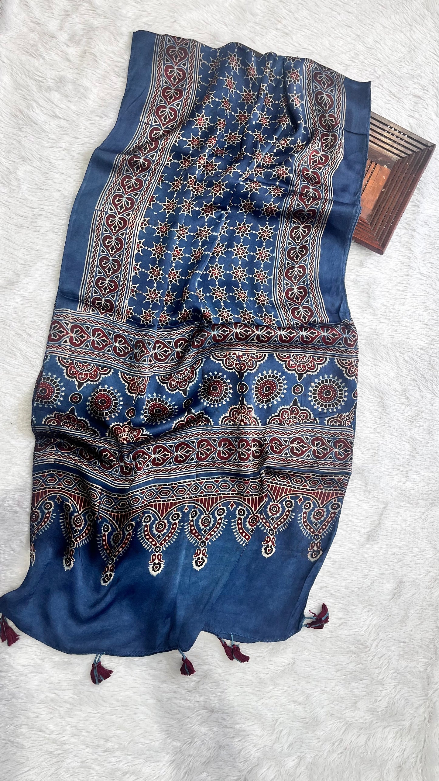 Blue Grid Motif Ajrakh Hand Block Print Modal Silk Stole with Tassels