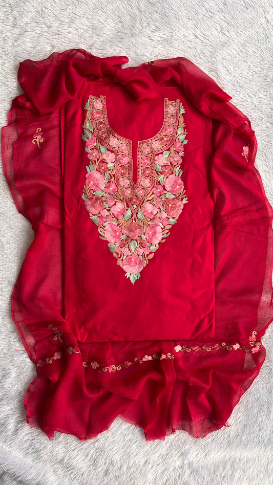 Hot Pink Muslin Cotton Kashmiri Aari Embroidered 3pc Suit Set