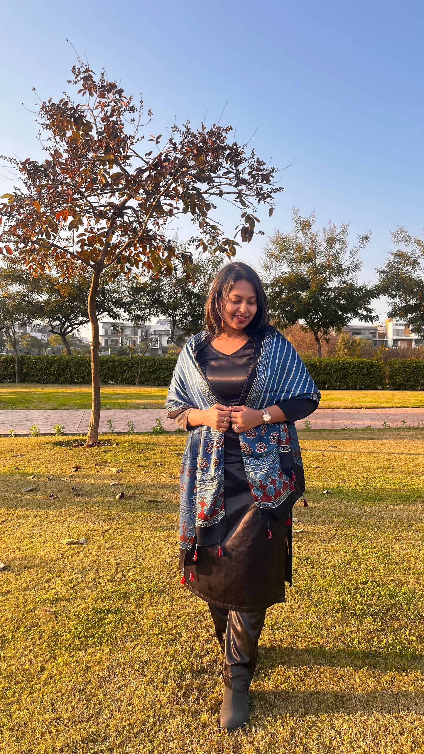 Blue Dhaari Motif Ajrakh Hand Block Print Modal Silk Stole with Tassels
