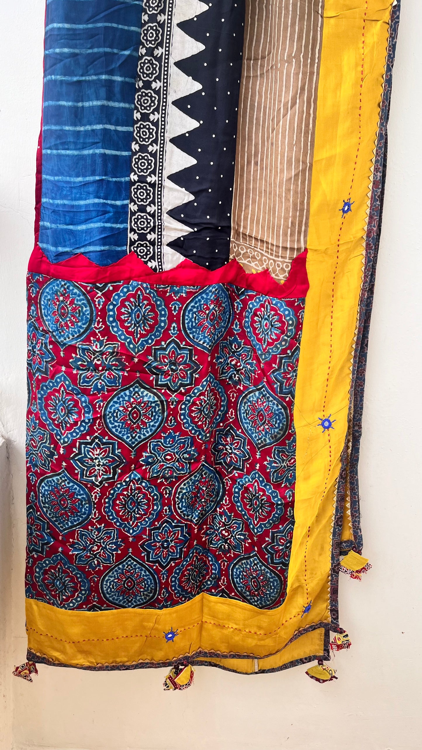 Multi Shade Ajrakh Applique Patchwork Modal Silk Mirror work Dupatta with Kantha work and Tassels
