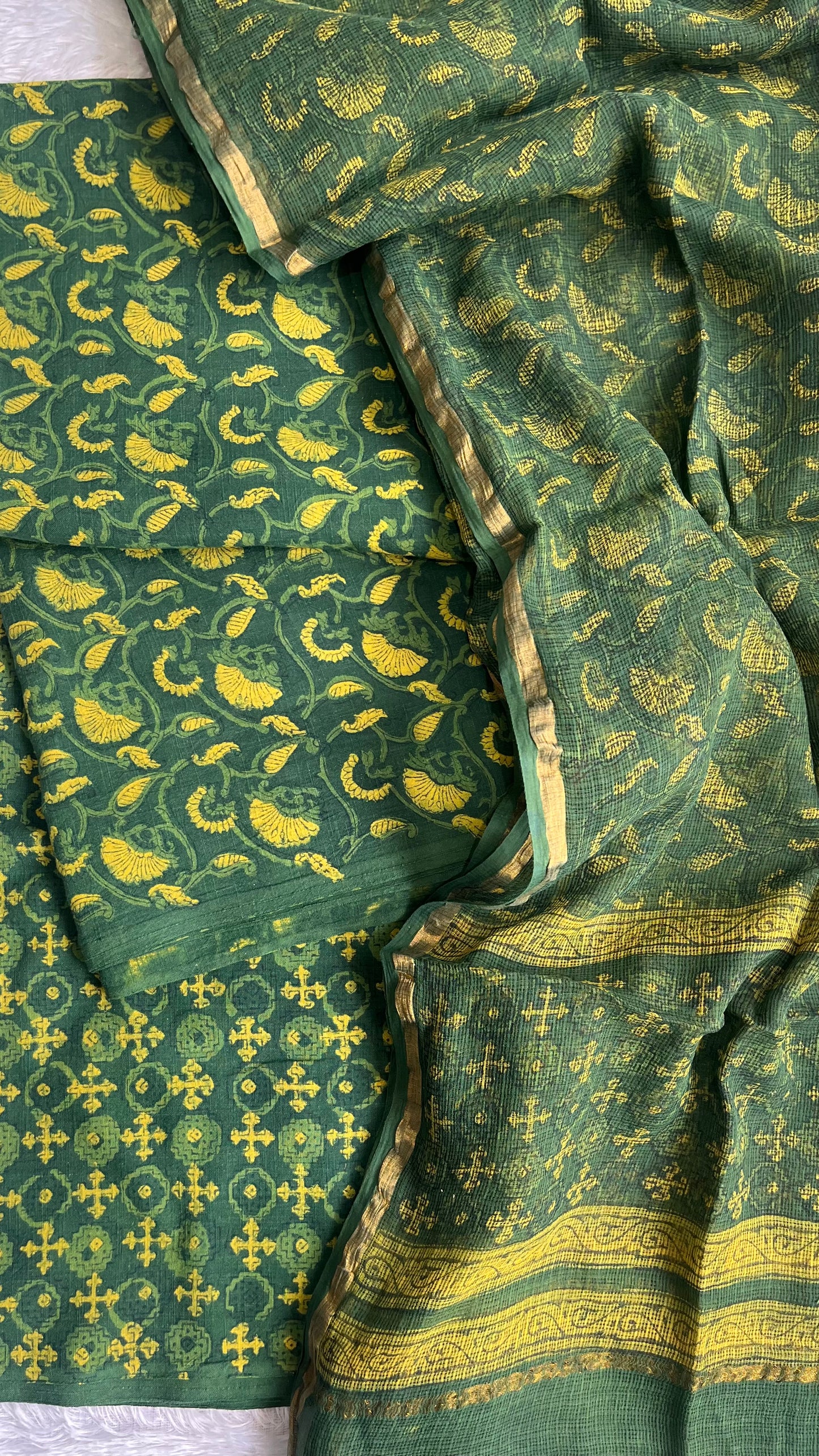 Akola Green and Yellow Flower Boota Pure Cotton Suit Set with Kota Doria Dupatta