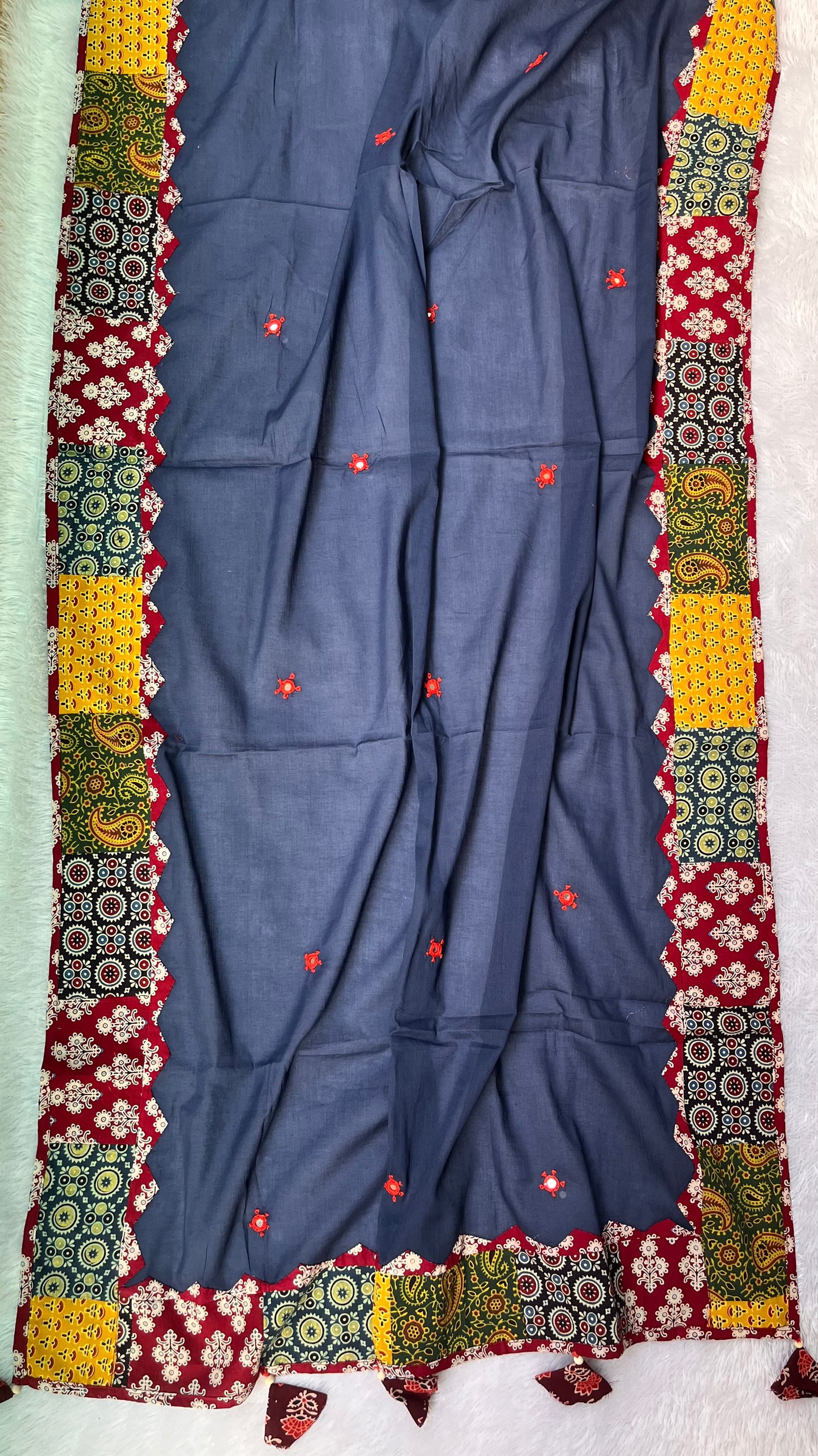 Navy Blue Ajrakh Applique Patchwork Border Cotton Dupatta with Mirror Work