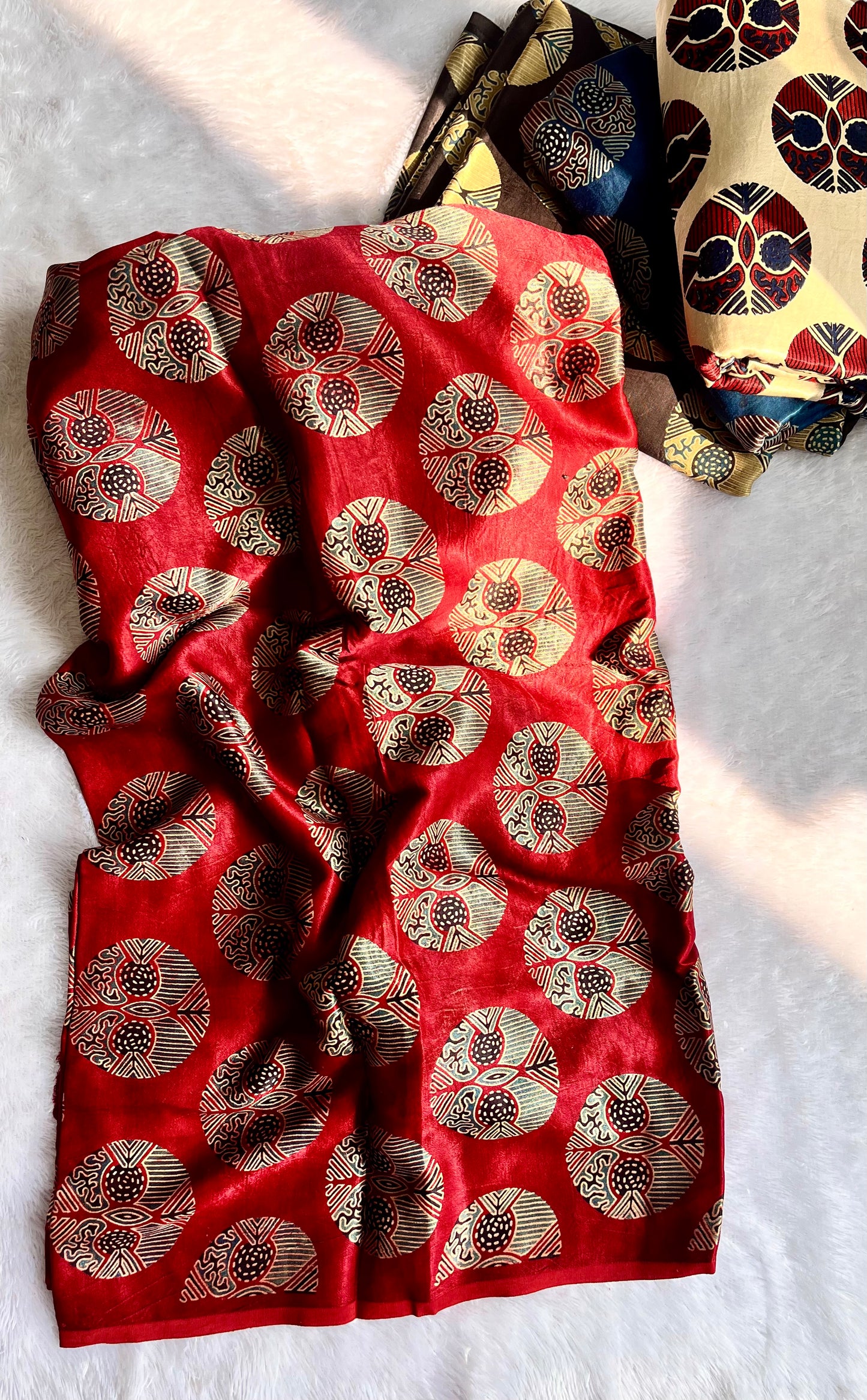 Cut Piece Red Circle Motif Ajrakh Mashru Silk Fabric