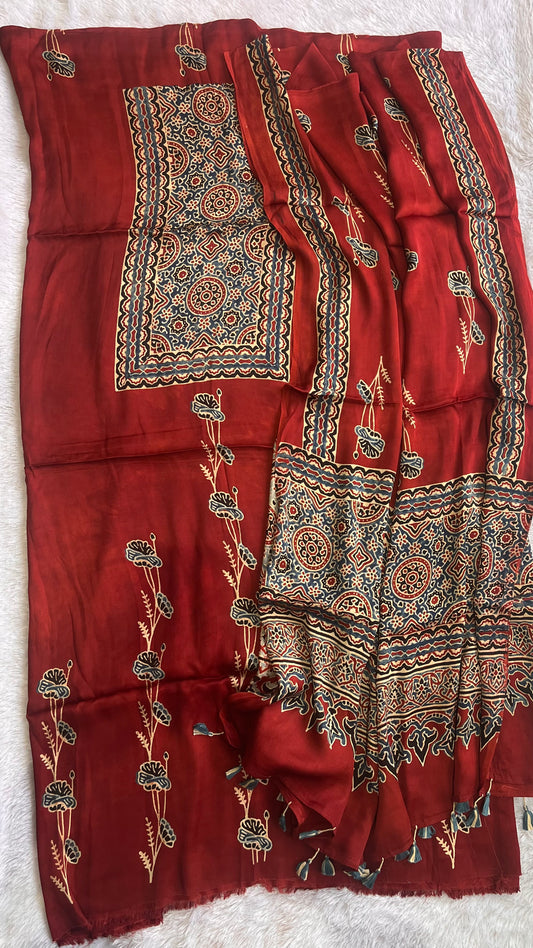 Red Kamal Motif Ajrakh Handblock Print Modal Silk 2 pc Suit Material Set with Modal Silk Dupatta