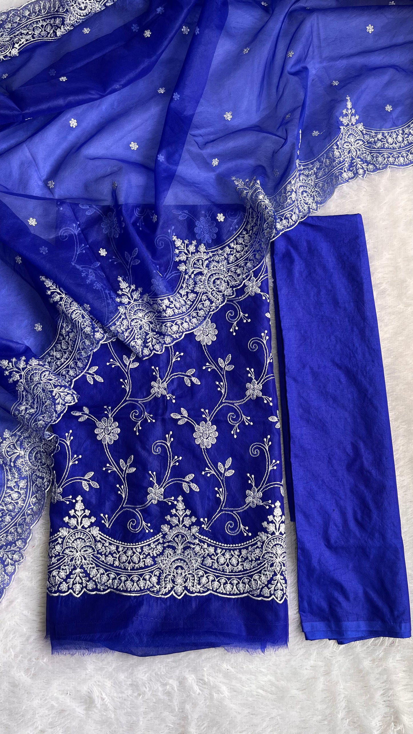 Navy Blue Banarasi Tissue Silk 3-Piece Suit with Threadwork & Organza Dupatta
