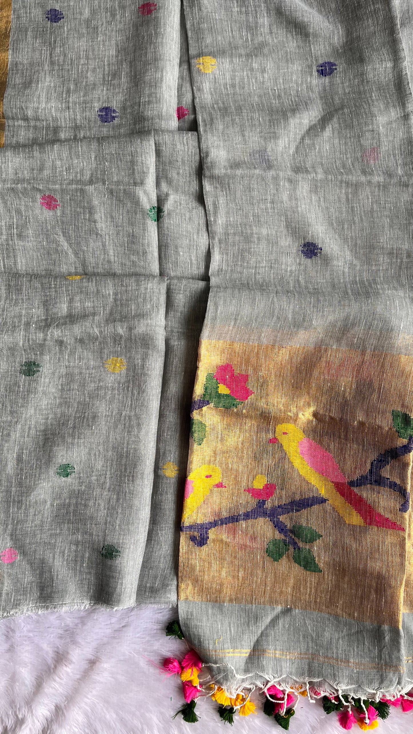 Gracious Grey Paithani Unstitched Pure Linen on Linen Hand Woven Daman 2 pc Suit Set