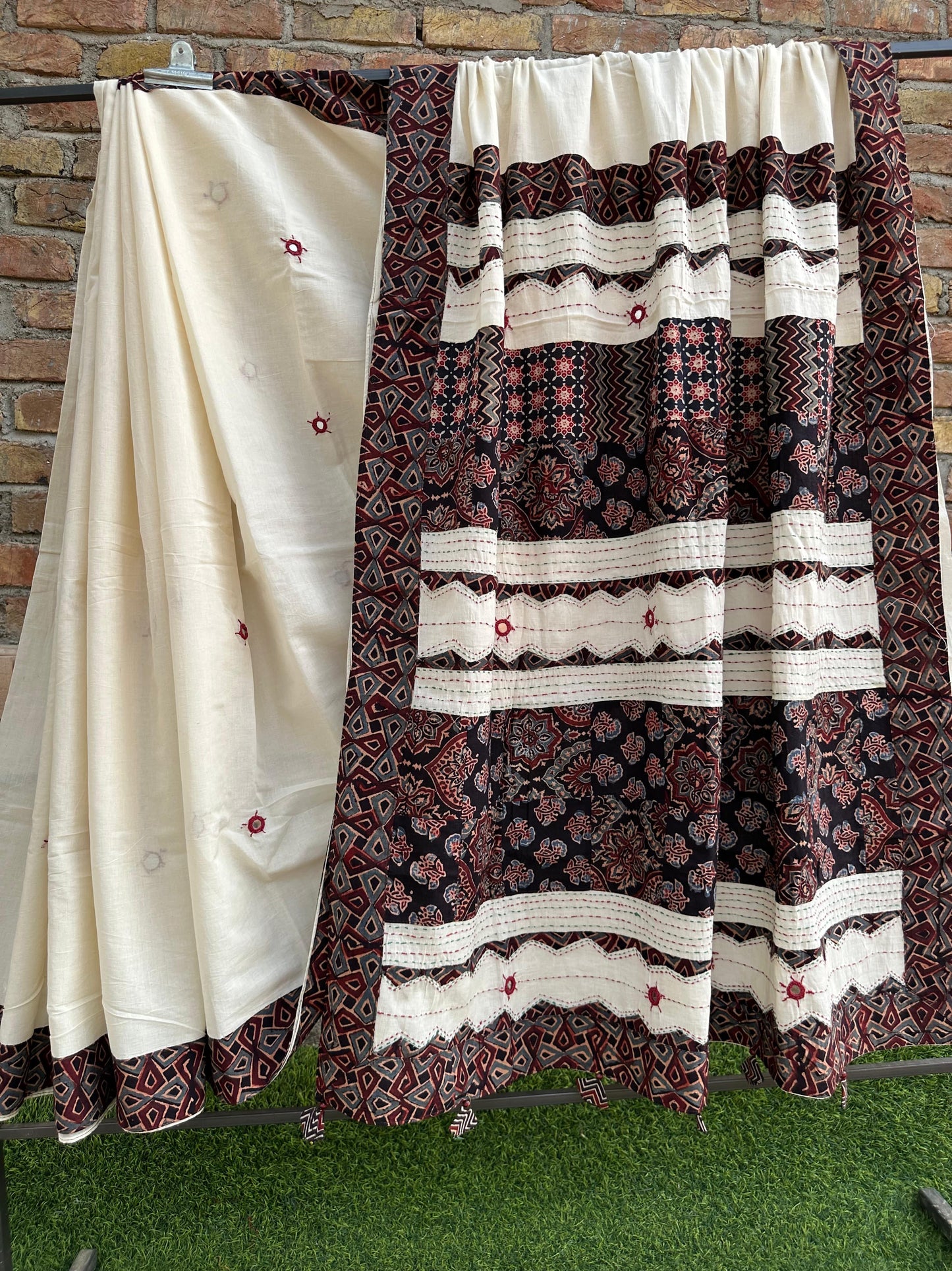 Off White and Black Pure CottonSaree with Ajrakh Applique Patchwork and Tassels