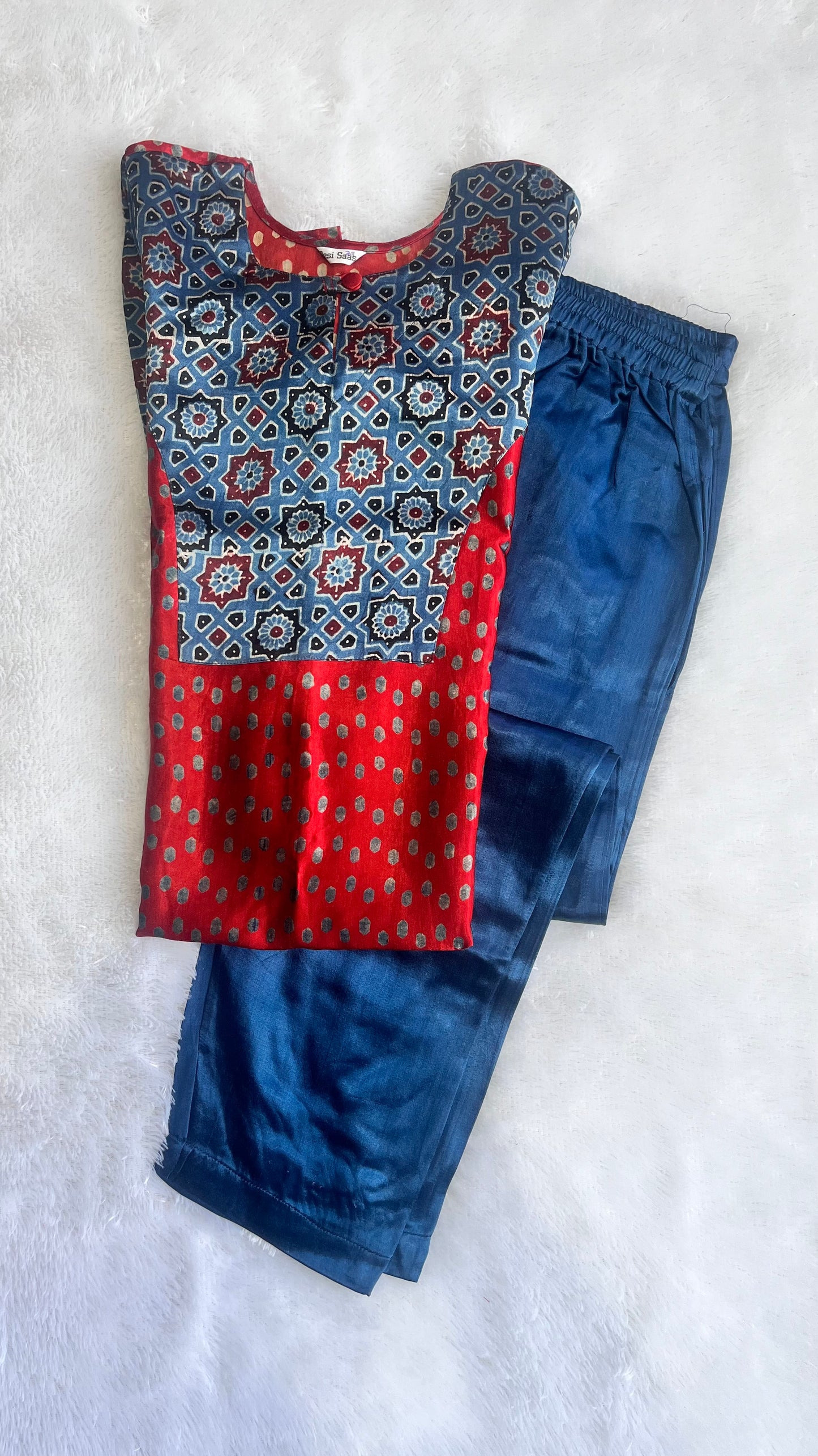 Red and Blue Mashru Silk Ajrakh Hand Block Print Kurta Pant Set