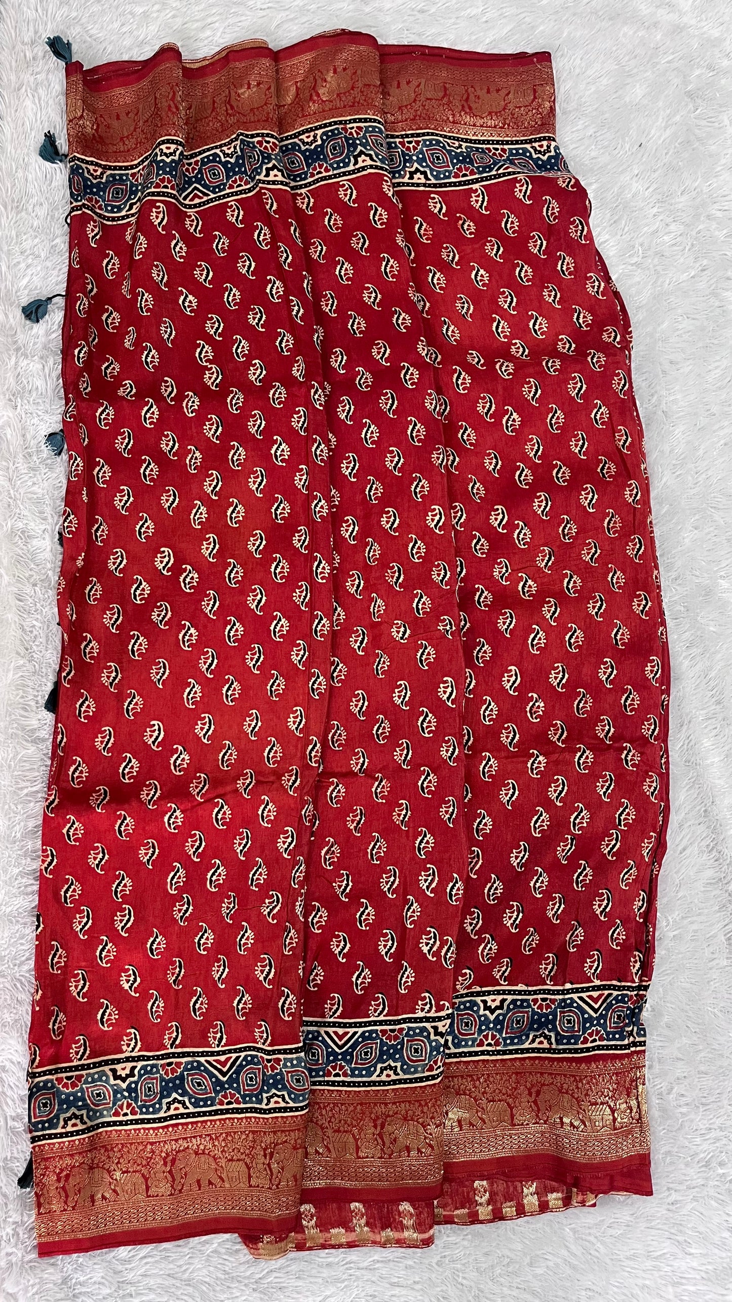 Red Small Flower Buta Motif Ajrakh Hand Block Dola Silk Saree with Zari Pallu (With Blouse)